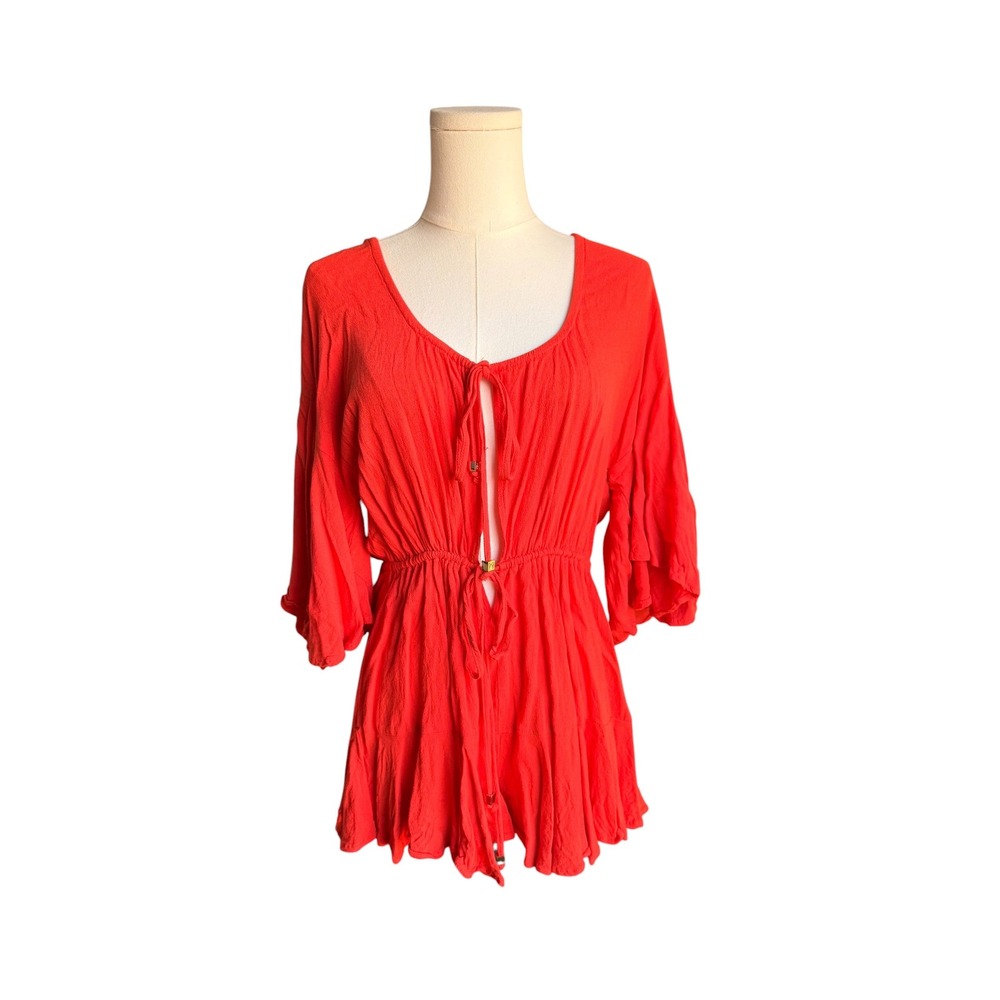 Meshki orange Textured Tie Front Romper Gold Hardware Flutter Sleeve W Medium